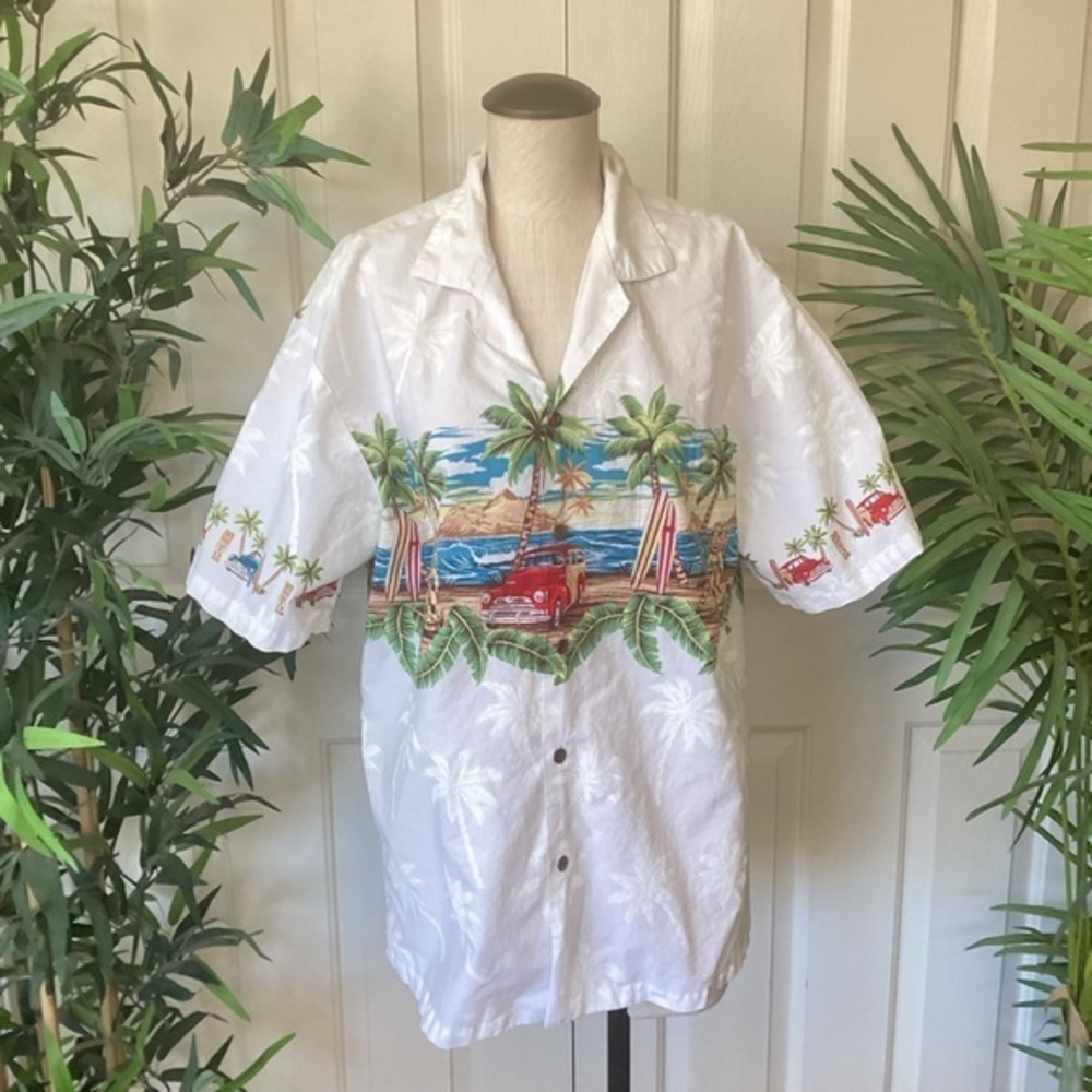Vintage KY’s L White Hawaiian Woody Tiki Surfboard Palm Waves Casual Shirt